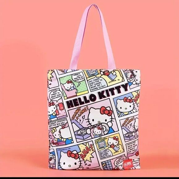 Hello kitty comic style tote bag with zipper shopping accessory on the go - Picture 2 of 9